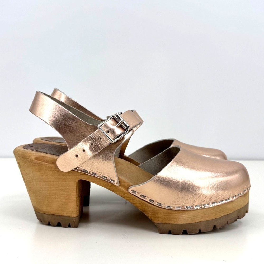 Mia Made in Sweden Heritage Line Greta Wooden Leather Clog Rose Gold 39 US 8-8.5